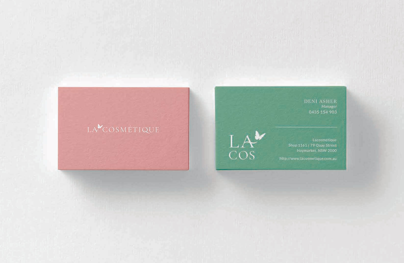 Mockup of two horizontal business cards stacks at white paper